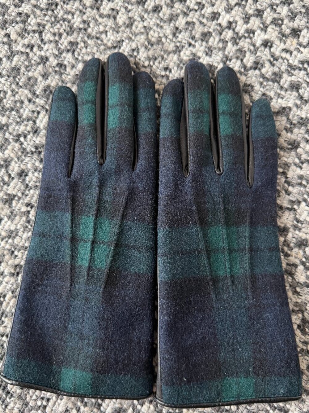 J. Crew Blue/Green Tartan Ludlow Leather Black Gloves (Medium)